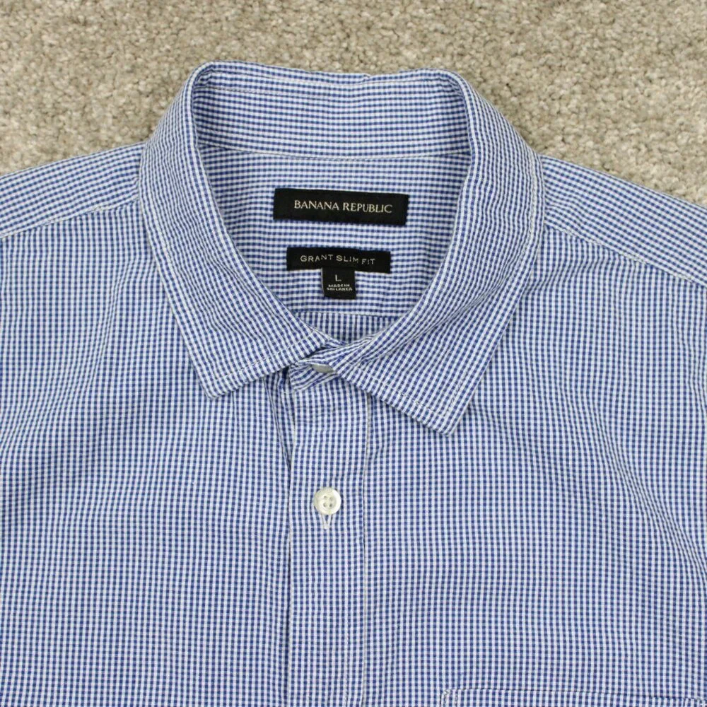 Banana Republic Grant Slim Fit Shirt Men Large Blue/White Checkered Textured S/S